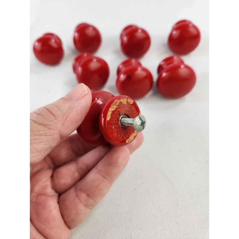8 Wooden RED Drawer Pulls Dresser Drawer Cabinet Knobs Vintage Handle Painted
